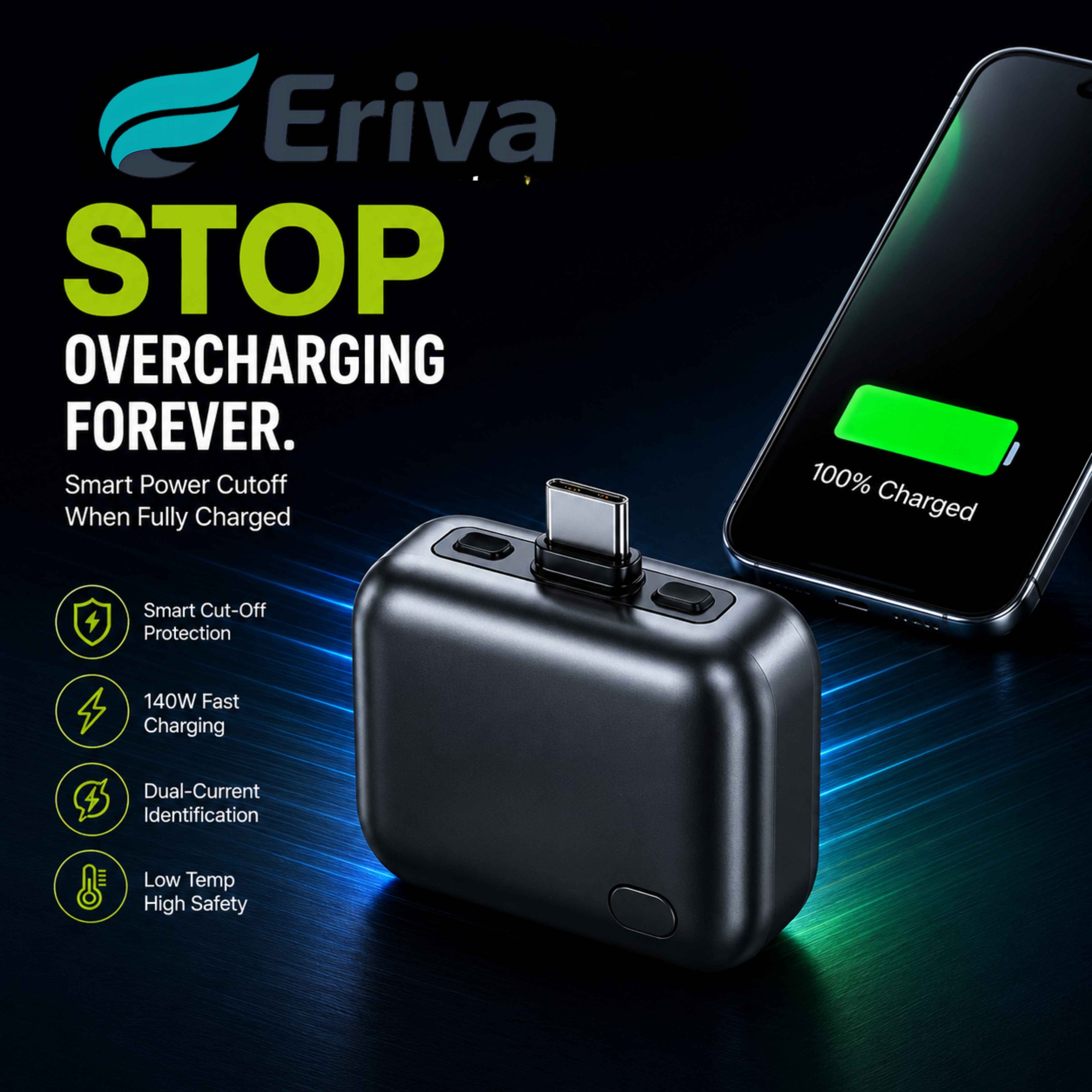 Eriva Smart Charger Adapter — Auto Power Cut-Off, 140W Fast Charging (Type-C)