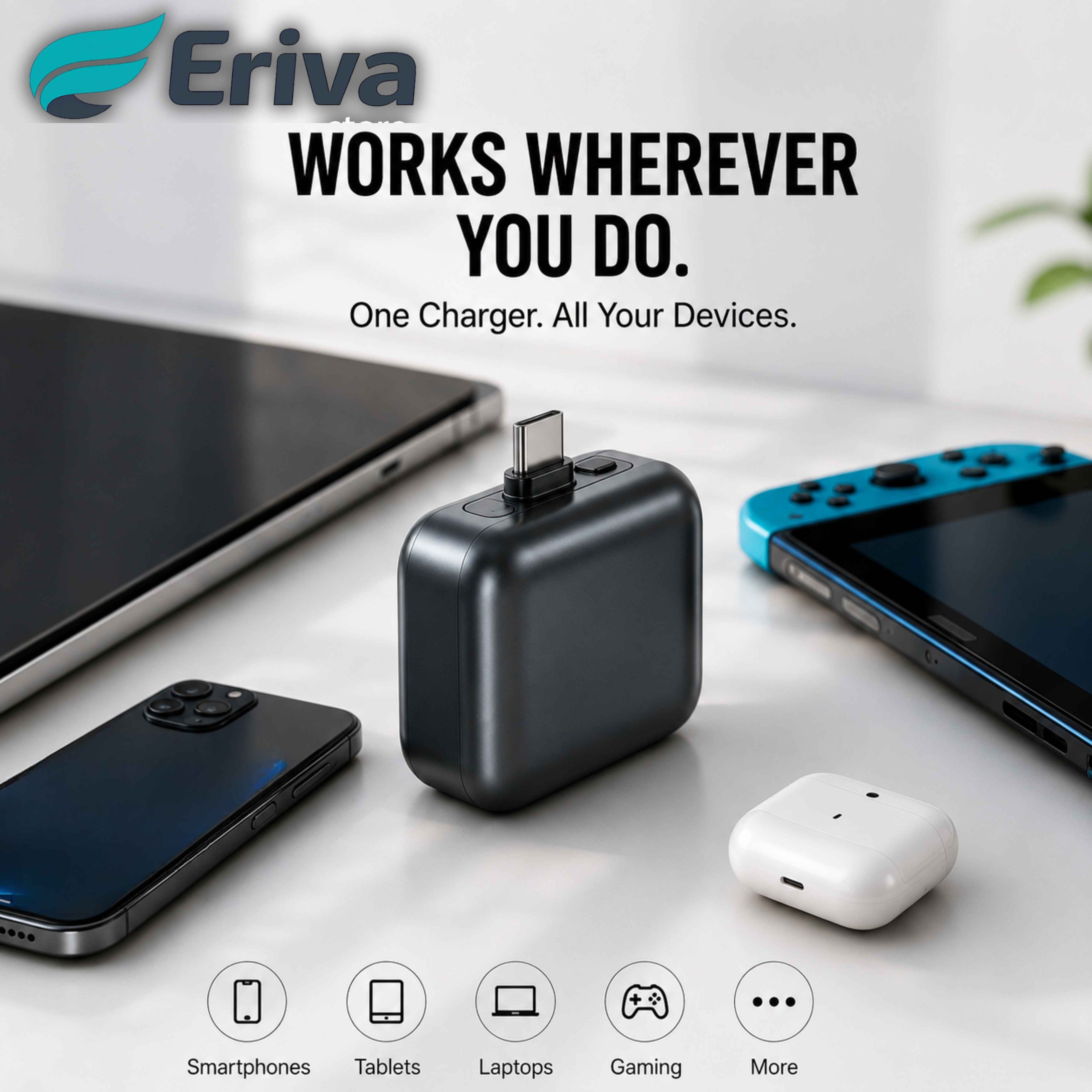 Eriva Smart Charger Adapter — Auto Power Cut-Off, 140W Fast Charging (Type-C)
